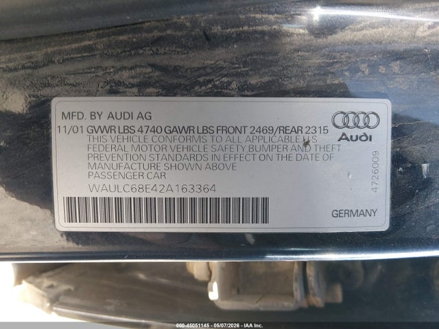 Aukcja sprzedaży 2002 Audi A4 1.8t, vin: WAULC68E42A163364, numer aukcji: 45051145