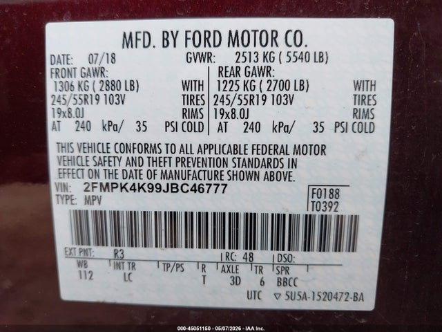 Продажа на аукционе авто 2018 Ford Edge Titanium, vin: 2FMPK4K99JBC46777, номер лота: 45051150