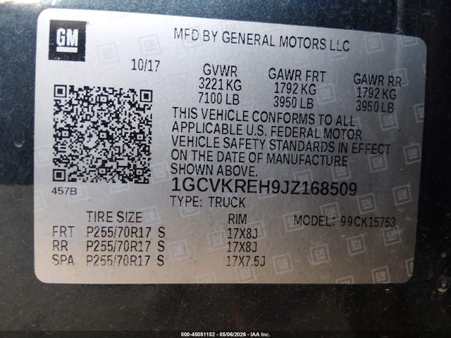 2018 Chevrolet Silverado 1500 1lt მანქანა იყიდება აუქციონზე, vin: 1GCVKREH9JZ168509, აუქციონის ნომერი: 45051152