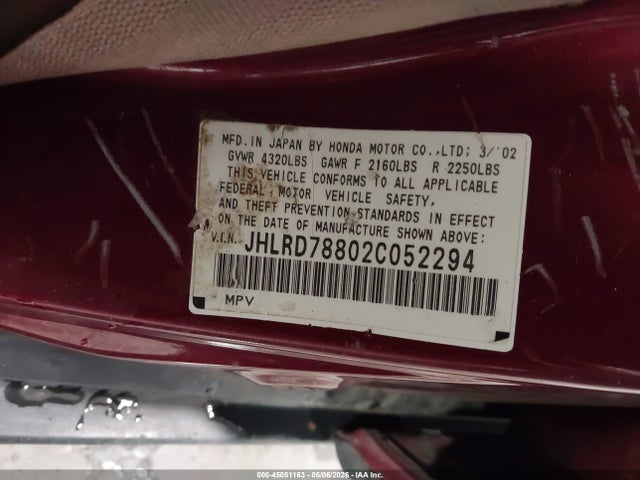 45051163 :رقم المزاد ، JHLRD78802C052294 vin ، 2002 Honda Cr-v Ex مزاد بيع