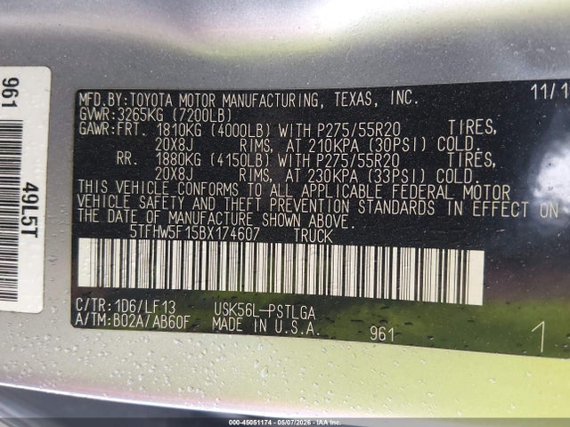 Aukcja sprzedaży 2011 Toyota Tundra Limited 5.7l V8, vin: 5TFHW5F15BX174607, numer aukcji: 45051174