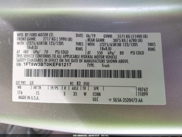 Auction sale of the 2019 Ford F-350 Xl, vin: 1FT8W3BT0KEF61217, lot number: 45051178