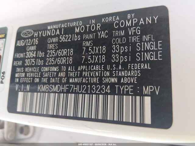 Продажа на аукционе авто 2017 Hyundai Santa Fe Se, vin: KM8SMDHF7HU213234, номер лота: 45051187