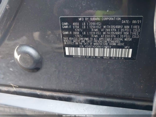 Aukcja sprzedaży 2022 Subaru Outback Premium, vin: 4S4BTADCXN3138804, numer aukcji: 45051200