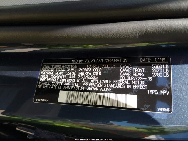 Продажа на аукционе авто 2019 Volvo Xc60 T5 Inscription, vin: LYV102RL4KB321736, номер лота: 45051202