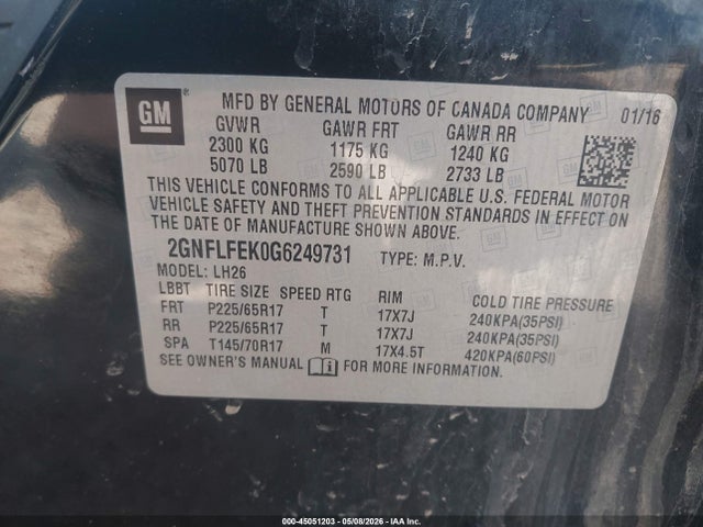 Aukcja sprzedaży 2016 Chevrolet Equinox Lt, vin: 2GNFLFEK0G6249731, numer aukcji: 45051203