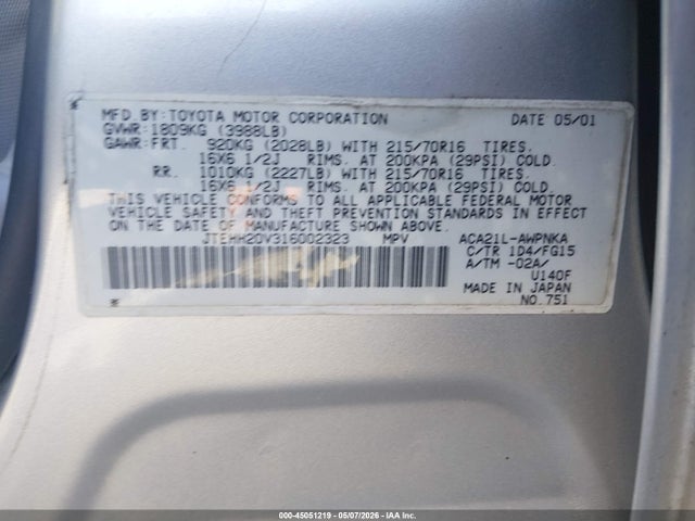 Aukcja sprzedaży 2001 Toyota Rav4, vin: JTEHH20V316002323, numer aukcji: 45051219