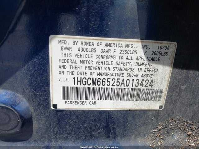 Aukcja sprzedaży 2005 Honda Accord 3.0 Ex, vin: 1HGCM66525A013424, numer aukcji: 45051227
