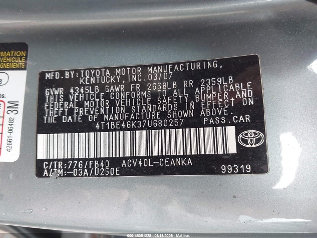 Aukcja sprzedaży 2007 Toyota Camry Le, vin: 4T1BE46K37U680257, numer aukcji: 45051228