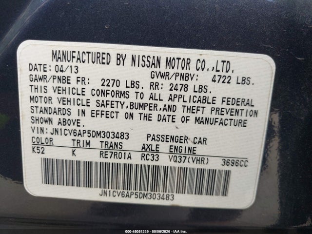 45051239 :رقم المزاد ، JN1CV6AP5DM303483 vin ، 2013 Infiniti G37 Journey مزاد بيع