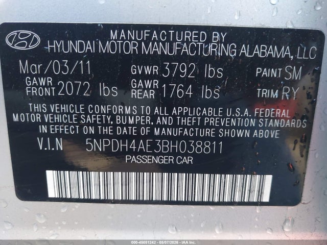 45051242 :رقم المزاد ، 5NPDH4AE3BH038811 vin ، 2011 Hyundai Elantra Limited مزاد بيع