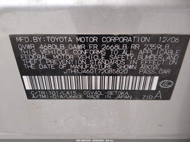Aukcja sprzedaży 2007 Lexus Es 350, vin: JTHBJ46G172085820, numer aukcji: 45051248