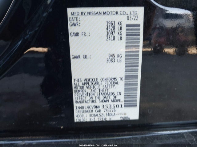 1N4BL4CV0NN353501 Nissan Altima Sr Fwd