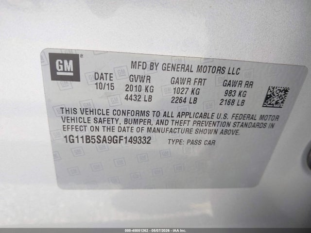 Продажа на аукционе авто 2016 Chevrolet Malibu Limited Ls, vin: 1G11B5SA9GF149332, номер лота: 45051262