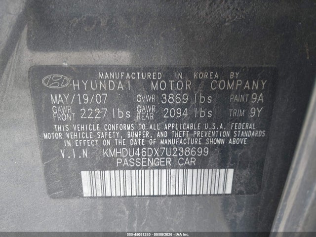 Aukcja sprzedaży 2007 Hyundai Elantra Gls/limited/se, vin: KMHDU46DX7U238699, numer aukcji: 45051280