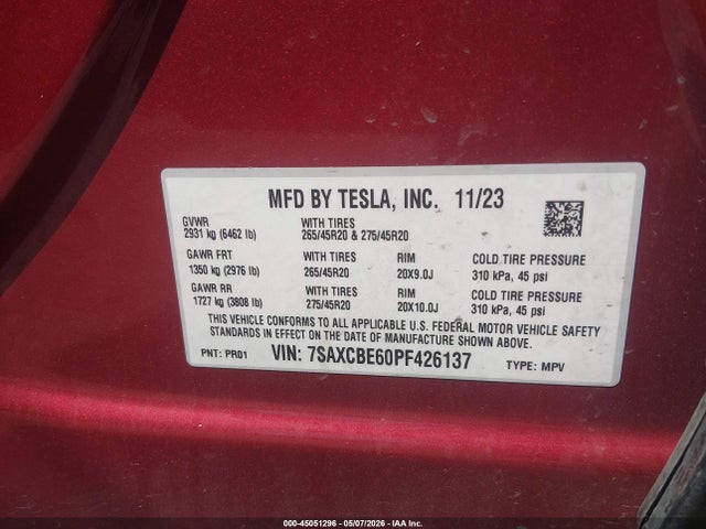 2023 Tesla Model X Plaid Tri Motor All-wheel Drive მანქანა იყიდება აუქციონზე, vin: 7SAXCBE60PF426137, აუქციონის ნომერი: 45051296