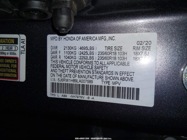 5J6RW1H89LA007589 Honda Cr-v 2wd Ex-l