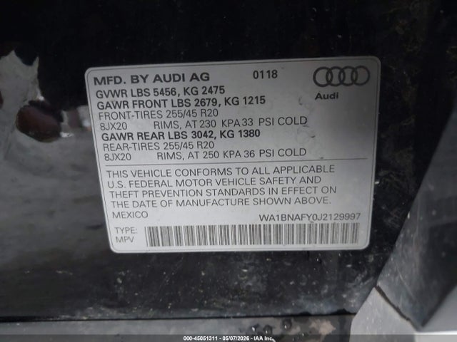 2018 Audi Q5 მანქანა იყიდება აუქციონზე, vin: WA1BNAFY0J2129997, აუქციონის ნომერი: 45051311