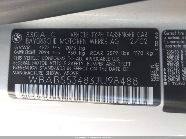 Продажа на аукционе авто 2003 Bmw 330ci, vin: WBABS53483JU98488, номер лота: 45051312