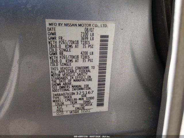 Продажа на аукционе авто 2008 Nissan Titan Xe, vin: 1N6BA07D18N325167, номер лота: 45051330