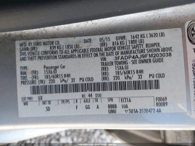 45051338 :رقم المزاد ، 3FADP4AJ9FM203038 vin ، 2015 Ford Fiesta S مزاد بيع