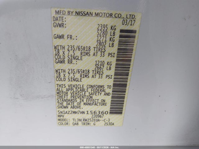 45051340 :رقم المزاد ، 5N1AZ2MH7HN156360 vin ، 2017 Nissan Murano Sl مزاد بيع