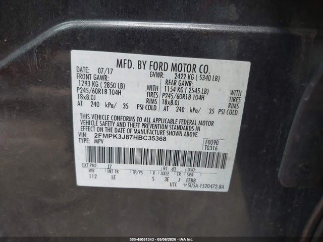 Продажа на аукционе авто 2017 Ford Edge Sel, vin: 2FMPK3J87HBC35368, номер лота: 45051343