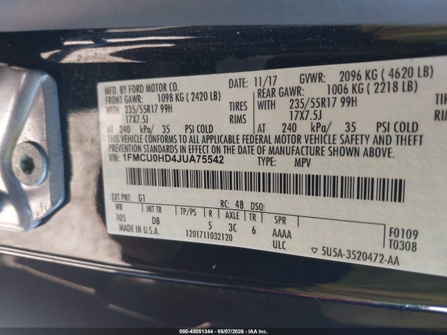 Продажа на аукционе авто 2018 Ford Escape Sel, vin: 1FMCU0HD4JUA75542, номер лота: 45051344