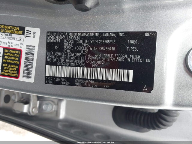 5TDGZRBH1NS243896 Toyota Highlander Xle