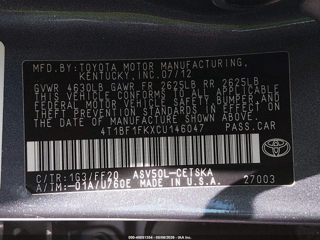 Aukcja sprzedaży 2012 Toyota Camry Se, vin: 4T1BF1FKXCU146047, numer aukcji: 45051354