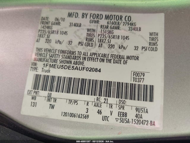 Aukcja sprzedaży 2010 Ford Explorer Sport Trac Limited, vin: 1FMEU5DE5AUF02084, numer aukcji: 45051357
