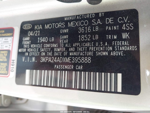 2021 Kia Rio Lx მანქანა იყიდება აუქციონზე, vin: 3KPA24ADXME395888, აუქციონის ნომერი: 45051370