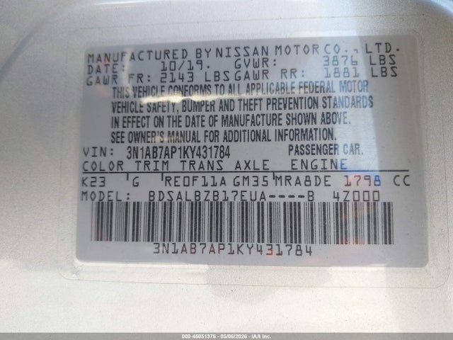 Aukcja sprzedaży 2019 Nissan Sentra S, vin: 3N1AB7AP1KY431784, numer aukcji: 45051376