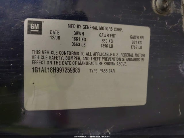 Aukcja sprzedaży 2009 Chevrolet Cobalt Lt, vin: 1G1AL18H997259885, numer aukcji: 45051387