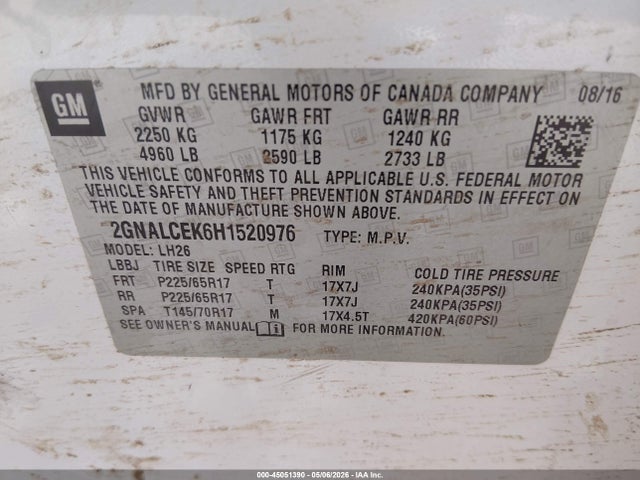 Chevrolet EQUINOX LT 2017 2GNALCEK6H1520976 Image 9