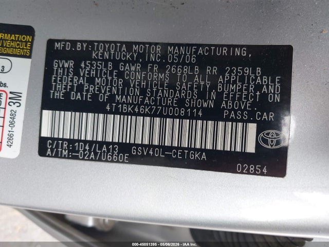 2007 Toyota Camry Xle V6 მანქანა იყიდება აუქციონზე, vin: 4T1BK46K77U008114, აუქციონის ნომერი: 45051395