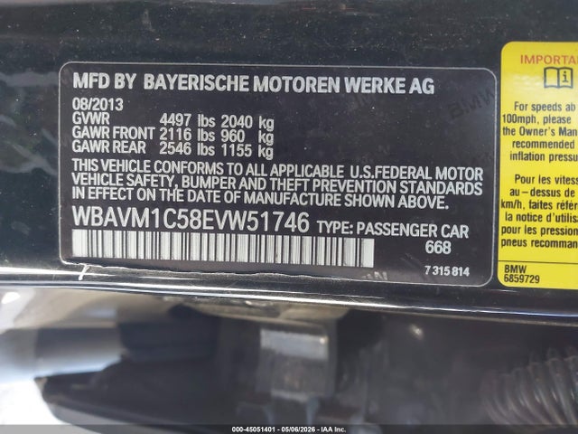 Aukcja sprzedaży 2014 Bmw X1 Sdrive28i, vin: WBAVM1C58EVW51746, numer aukcji: 45051401