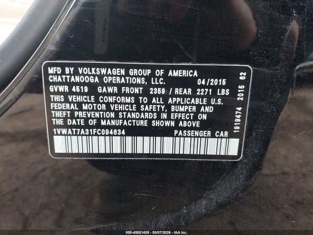 2015 Volkswagen Passat 1.8t Limited Edition მანქანა იყიდება აუქციონზე, vin: 1VWAT7A31FC094634, აუქციონის ნომერი: 45051409