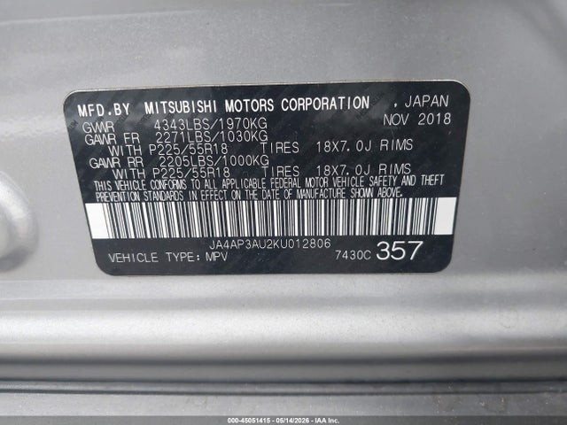Продаж на аукціоні авто 2019 Mitsubishi Outlander Sport 2.0 Es, vin: JA4AP3AU2KU012806, номер лоту: 45051415