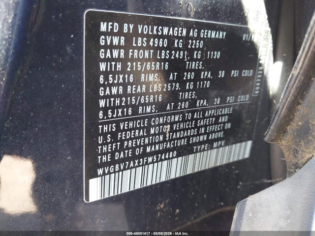 2015 Volkswagen Tiguan S მანქანა იყიდება აუქციონზე, vin: WVGBV7AX3FW574480, აუქციონის ნომერი: 45051417