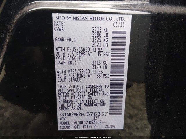 Nissan Pathfinder Platinum/s/sl/sv 2015 5N1AR2MM2FC676357 Image 9
