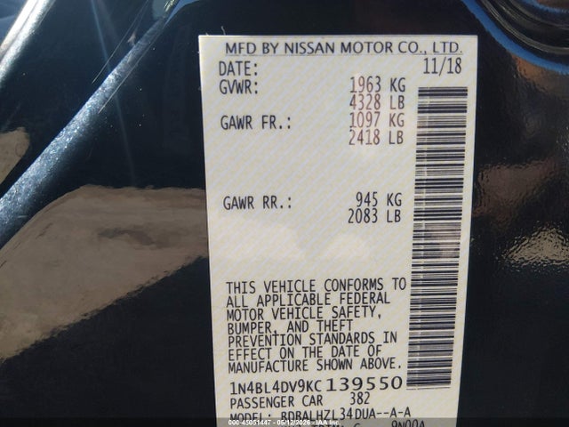 45051447 :رقم المزاد ، 1N4BL4DV9KC139550 vin ، 2019 Nissan Altima 2.5 Sv مزاد بيع