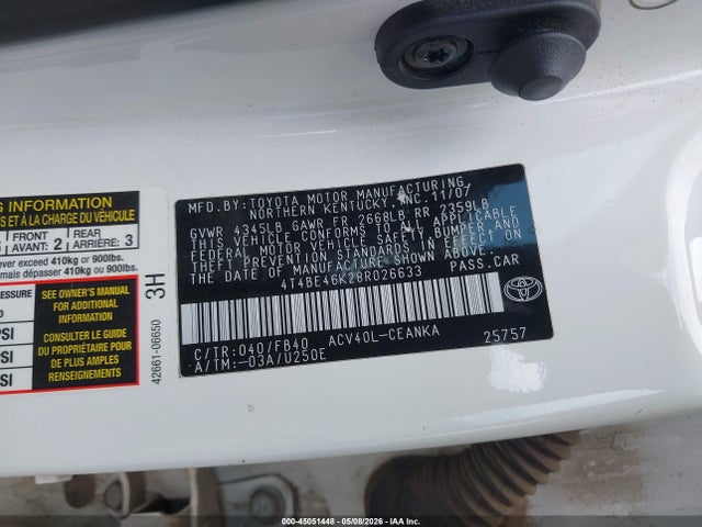 45051448 :رقم المزاد ، 4T4BE46K28R026633 vin ، 2008 Toyota Camry Le مزاد بيع