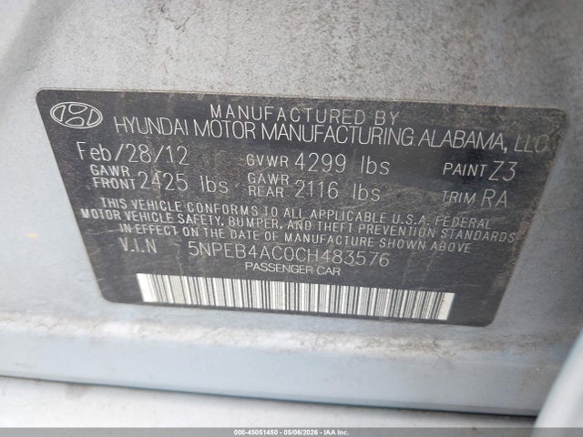 Aukcja sprzedaży 2012 Hyundai Sonata Gls, vin: 5NPEB4AC0CH483576, numer aukcji: 45051450