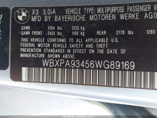 2006 Bmw X3 3.0i მანქანა იყიდება აუქციონზე, vin: WBXPA93456WG89169, აუქციონის ნომერი: 45051454