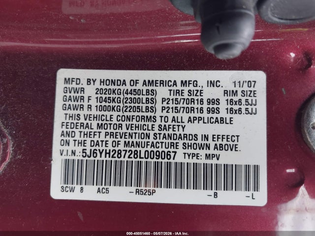 2008 Honda Element Ex მანქანა იყიდება აუქციონზე, vin: 5J6YH28728L009067, აუქციონის ნომერი: 45051460