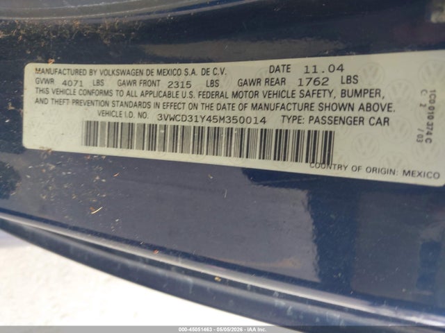 45051463 :رقم المزاد ، 3VWCD31Y45M350014 vin ، 2005 Volkswagen New Beetle Gls 1.8t مزاد بيع