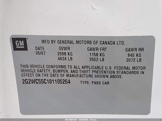 Продаж на аукціоні авто 2008 Pontiac Grand Prix Gxp, vin: 2G2WC55C181105264, номер лоту: 45051467