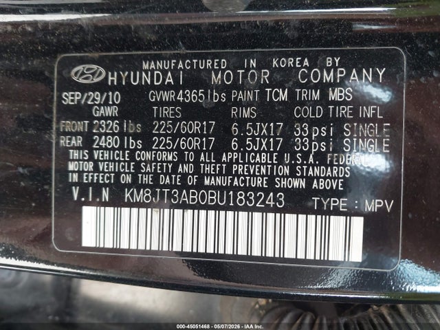 2011 Hyundai Tucson Gl მანქანა იყიდება აუქციონზე, vin: KM8JT3AB0BU183243, აუქციონის ნომერი: 45051468