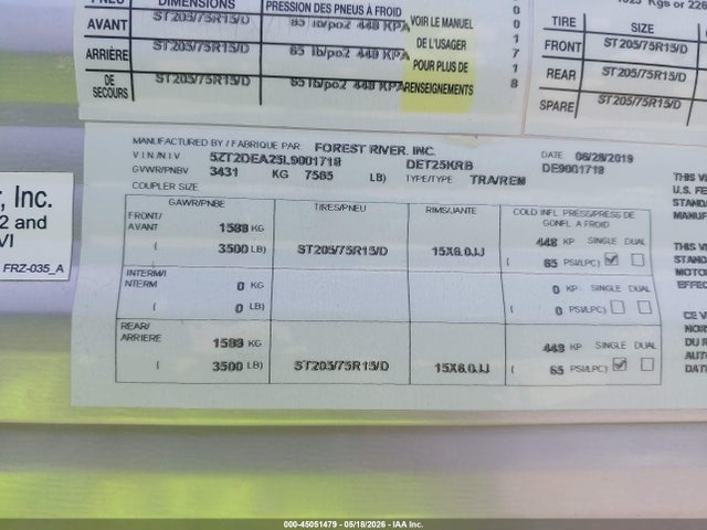 2020 Forest River Other მანქანა იყიდება აუქციონზე, vin: 5ZT2DEA25L9001718, აუქციონის ნომერი: 45051479